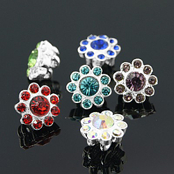 Alloy Multi-Strand Rhinestone Links, Cadmium Free & Lead Free, Grade A, Flower, Silver Color Plated, Mixed Color, 12x8mm, Hole: 2mm(ALRI-H213-S)