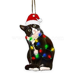 Christmas Cat Shape Acrylic Pendant Decoration, with Nylon Rope and Iron Bell, for Car Rear View Mirror Hanging Ornament, Hat, 79x42x4mm, Hole: 2.5mm(HJEW-E007-01G-07)