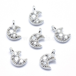 Brass Charms, with Cubic Zirconia, Cadmium Free & Nickel Free & Lead Free, Moon, Clear, Real Platinum Plated, 11x7x3mm, Hole: 1.5mm(ZIRC-J040-35P-02-NR)
