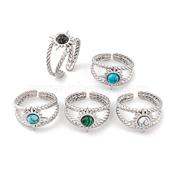 Sun 304 Stainless Steel Open Cuff Rings, Synthetic Turquoise & Malachite Rings for Women, Stainless Steel Color, Adjustable(RJEW-G314-04P)