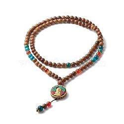 Guan YIN Flat Round Pendant Necklace, 7 Chakra Necklace with Mixed Stone, Wood Beads Buddha Jewelry, Feng Shui Amulet for Wealth Safe, Coconut Brown, 16-7/8 inch(43cm)(NJEW-JN03662)