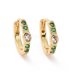 Green Cubic Zirconia Oval Hoop Earrings, Brass Jewelry for Women, Cadmium Free & Nickel Free & Lead Free, Real 18K Gold Plated, 13x14x2.5mm, Pin: 0.8mm(EJEW-P206-09G)