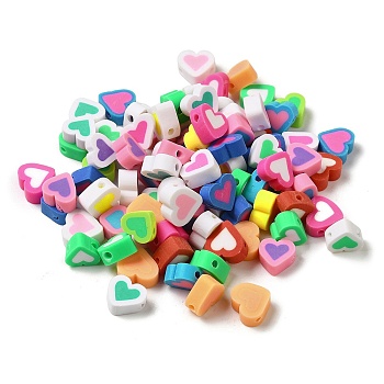 Handmade Polymer Clay Beads, Heart, Mixed Color, 9x9.5x4.5mm, Hole: 1.6mm