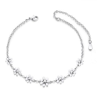 Rhodium Plated 925 Sterling Silver Anklets, with Flower, with Lobster Claw Clasps, Platinum, 210mm