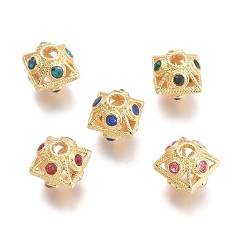 Brass Micro Pave Cubic Zirconia Beads, Hollow, Bicone, Real 18K Gold Plated, Mixed Color, 8.7x9x9mm, Hole: 2.1mm