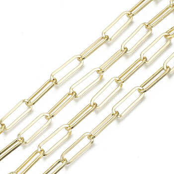 Unwelded Iron Paperclip Chains, Drawn Elongated Cable Chains, with Spool, Flat Oval, Real 16K Gold Plated, 22x7x1.4mm, about 32.8 Feet(10m)/roll