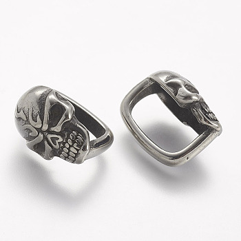 304 Stainless Steel Slide Charms, Skull, Antique Silver, 16x10.5x13mm, Hole: 7x12mm