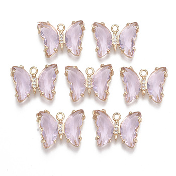 Glass Pendants, with Micro Pave Cubic Zirconia and Brass Open Back Settings, Faceted, Butterfly, Light Gold, Pink, 15.5x20x4mm, Hole: 1.8mm