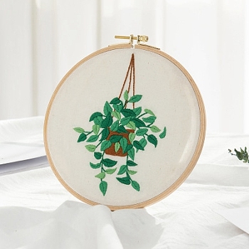 Plant Pattern DIY Embroidery Beginner Kit, including Embroidery Needles & Thread, Cotton Linen Fabric, Sea Green, 27x27cm