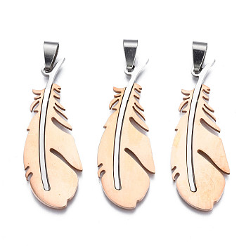 Ion Plating(IP) 201 Stainless Steel Pendants, Laser Cut, Feather, Rose Gold, 49x17.5x1mm, Hole: 4x7.5mm