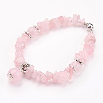 Natural Rose Quartz Beaded Bracelets, with Brass Magnetic Clasp, 7-1/8 inch(18cm)