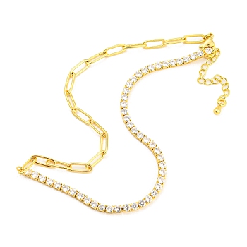 Clear Cubic Zirconia & Paperclip Chain Necklace for Girl Women Gift, with Rack Plating Brass Chain Extender & Lobster Claw Clasps, Lead Free & Cadmium Free, Real 18K Gold Plated, 13-1/4 inch(33.5cm)