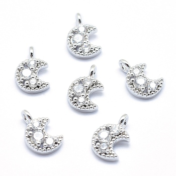 Brass Charms, with Cubic Zirconia, Cadmium Free & Nickel Free & Lead Free, Moon, Clear, Real Platinum Plated, 11x7x3mm, Hole: 1.5mm