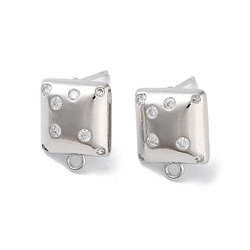Brass Micro Pave Cubic Zirconia Stud Earring Findings, Square, Real Platinum Plated, 13x10.5mm, Hole: 1.2mm, Pin: 0.8mm