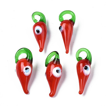 Handmade Lampwork Pendants, Hot Pepper with Evil Eye, Red, 27~29x8~10x10~12mm, Hole: 3.5~5x4.5~5mm
