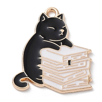 Alloy Enamel Pendants, Light Gold, Cat with Book Charm, Black, 26.5x22.5x1.5mm, Hole: 1.8mm
