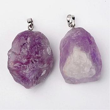 Natural Amethyst Pendants, Nuggets, with Brass Findings, Platinum, 26~42x20~26x14~22mm, Hole: 5x8mm