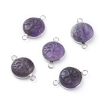 Natural Amethyst Links connectors, with Platinum Tone Brass Cabochon Connector Settings, Flat Round with Tree, 23~24x15~16x5~6mm, Hole: 2.5mm