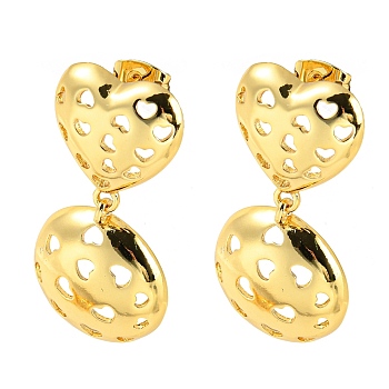 Hollow Heart Brass Dangle Stud Earrings, Long-Lasting Plated, Cadmium Free & Lead Free, Real 18K Gold Plated, 35x18mm