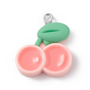 Opaque Resin Pendants, Fruit Charms, with Platinum Tone Iron Loops, Cherry, 25.5x21.5x5.5mm, Hole: 2mm