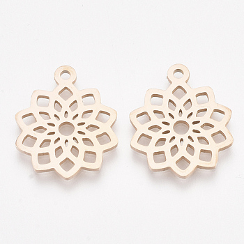 201 Stainless Steel Pendants, Flower, Rose Gold, 19x16x1mm, Hole: 1.4mm