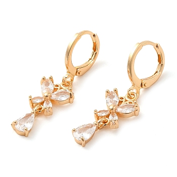 Rack Plating Golden Brass Dangle Leverback Earrings, with Cubic Zirconia, Butterfly, Clear, 33x10mm