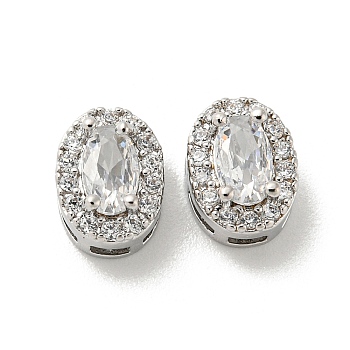 Brass Micro Pave Cubic Zirconia Beads, Oval, Real Platinum Plated, 8x6x4.5mm, Hole: 2.5x1mm