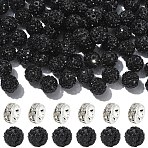 100Pcs Pave Disco Ball Beads, Polymer Clay Rhinestone Beads, Round, PP13(1.9~2mm), 6 Rows Rhinestone, with 50Pcs Brass Rhinestone Spacer Beads, Jet, PP13(1.9~2mm), 6 Rows Rhinestone, 10mm, Hole: 1.5mm(RB-YW0001-30L)