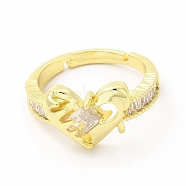Cubic Zirconia Heart Adjustable Ring, Golden Brass Jewelry for Women, Clear, Inner Diameter: 18mm(KK-A180-30G)