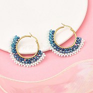 304 Stainless Steel & Bohemian Beaded Fan Hoop Earrings for Women, Golden, Dodger Blue, 43.5x50x4.5mm, Pin: 0.8mm(EJEW-R001-01G-01)