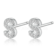 Rhodium Plated 925 Sterling Silver Initial Letter Stud Earrings, with Cubic Zirconia, Platinum, Letter S, 5x5mm(HI8885-19)