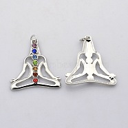 Yoga Jewelry Colorful Human Brass Glass Rhinestone Chakra Pendants, Platinum, 36x33x3mm, Hole: 4mm(KK-N0054-01)