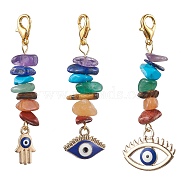 3Pcs 3 Styles Chakra Jewelry Alloy Enamel Pendant Decorations, with Zinc Alloy Lobster Claw Clasps and Gemstone Chip Beads, Eyes & Hamsa Hand, Mixed Shapes, 54~58mm, 1pc/style(HJEW-JM01683)