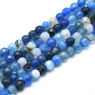 Natural Striped Agate/Banded Agate Beads, Dyed, Faceted Round, Blue, 6mm, Hole: 1mm, about 61pcs/strand, 14.3 inch(36.5cm)(X-G-J371-01-6mm)
