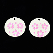 Spray Painted Alloy Pendants, with Enamel, Cadmium Free & Nickel Free & Lead Free, Flat Round with Sakura Flower, Hot Pink, 21.5x22x2mm, Hole: 2mm(PALLOY-Q434-004-NR)