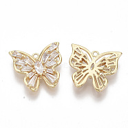 Brass Micro Pave Clear Cubic Zirconia Charms, Filigree Joiners Findings, Nickel Free, Butterfly, Real 18K Gold Plated, 14x15x4mm, Hole: 1.4mm(KK-S355-020-NF)