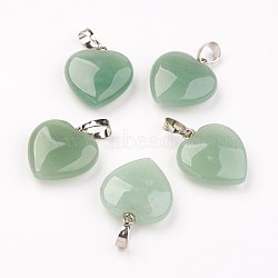 Natural Green Aventurine Pendants, Heart, with Brass Findings, Platinum, 22~23x20~20.5x6~7.5mm, Hole: 5x8mm(X-G-G956-B02-FF)
