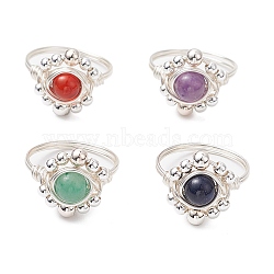 Round Natural Lapis Lazuli & Amethyst & Green Aventurine & Carnelian Finger Ring, Silver Brass Wire Wrap Jewelry for Women, Flower, US Size 7 1/4(17.5mm), 4pcs/set(RJEW-TA00162)