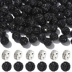 100Pcs Pave Disco Ball Beads, Polymer Clay Rhinestone Beads, Round, PP13(1.9~2mm), 6 Rows Rhinestone, with 50Pcs Brass Rhinestone Spacer Beads, Jet, PP13(1.9~2mm), 6 Rows Rhinestone, 10mm, Hole: 1.5mm(RB-YW0001-30L)