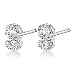 Anti-Tarnish Rhodium Plated 925 Sterling Silver Initial Letter Stud Earrings, with Cubic Zirconia, Platinum, Letter S, 5x5mm(HI8885-19)