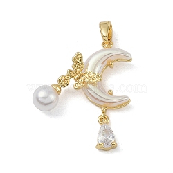 Rack Plating Brass Pendant, with Resin & Cubic Zirconia & Plastic Pearl, Lead Free & Cadmium Free, Long-Lasting Plated, Moon & Butterfly, Real 18K Gold Plated, 28x17.5x6mm, Hole: 4.5x3mm(KK-H476-10G)