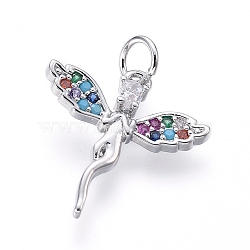 Brass Micro Pave Cubic Zirconia Pendants, with Jump Rings, Angel, Colorful, Platinum, 17x16x1.5mm, Hole: 3mm(ZIRC-I032-24P)
