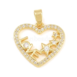 Brass Micro Pave Clear Cubic Zirconia Pendants, Heart with Word Love Charms, Golden, 15.5x17x2mm, Hole: 5x3mm(CU-CBA9B49-01B-G)