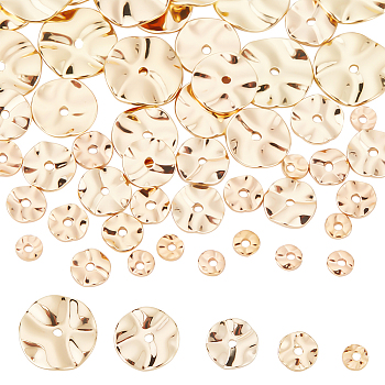 Elite 40Pcs 4 Style Brass Beads, Textured, Flat Round, Real 18K Gold Plated, 4~10x1mm, Hole: 1mm, 10pcs/style
