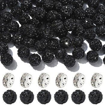 100Pcs Pave Disco Ball Beads, Polymer Clay Rhinestone Beads, Round, PP13(1.9~2mm), 6 Rows Rhinestone, with 50Pcs Brass Rhinestone Spacer Beads, Jet, PP13(1.9~2mm), 6 Rows Rhinestone, 10mm, Hole: 1.5mm
