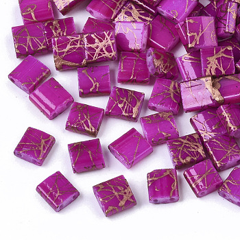 2-Hole Drawbench Glass Seed Beads, Opaque Spray Painted, Rectangle, Magenta, 5x4.5~5x2~2.5mm, Hole: 0.5~0.8mm