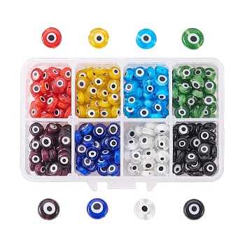 Handmade Evil Eye Lampwork Flat Round Beads Strands, Mixed Color, 8x3.2mm, Hole: 1mm, 20pcs/color, 8 colors, 160pcs/box