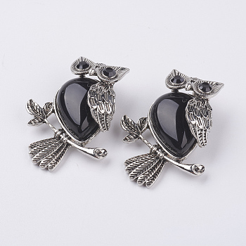Natural Black Agate Pendants, with Alloy Finding, Owl, Antique Silver, 46.5x35.5x11.5mm, Hole: 6x8.5mm