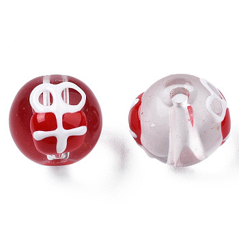 Transparent Glass Enamel Beads, Round with Gift, Red, 13~14x12x11mm, Hole: 1.6mm