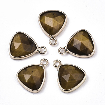 Natural Tiger Eye Charms, with Light Gold Plated Brass Edge and Loop, Triangle, Faceted, 14x11x4mm, Hole: 1.5mm
